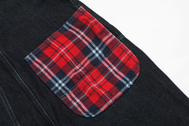 Yiaknis Dark Denim Overalls with Red Plaid Pockets and Cuffs