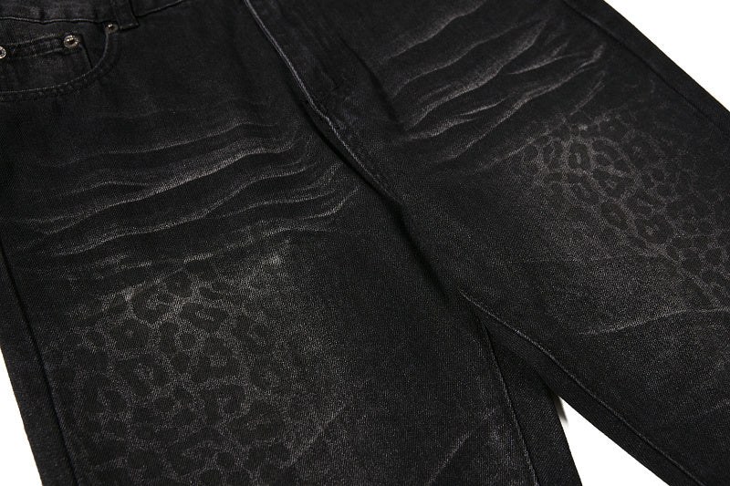 Yiaknis Black Washed Flared Jeans with Leopard Pattern, Black