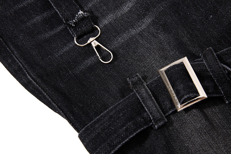 Yiaknis Black Washed Flared Jeans with Buckle Straps