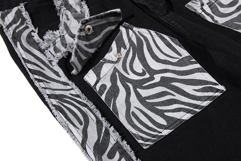 Yiaknis Black Flared Trousers with Zebra-Print Panels, Black