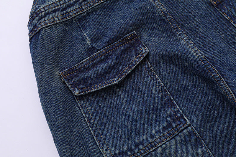Yiaknis Wide-Leg Washed Denim Overalls, Front and Back Pockets, Blue – photo 11