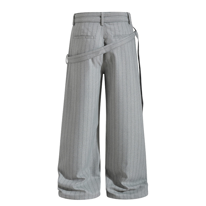 Yiaknis Black and Light Grey Pinstripe Wide-Leg Trousers, Belt Strap