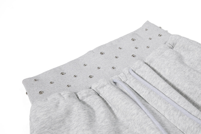 Yiaknis Wide-Leg Sweatpants, Studded Side Lines, Light Grey and Black
