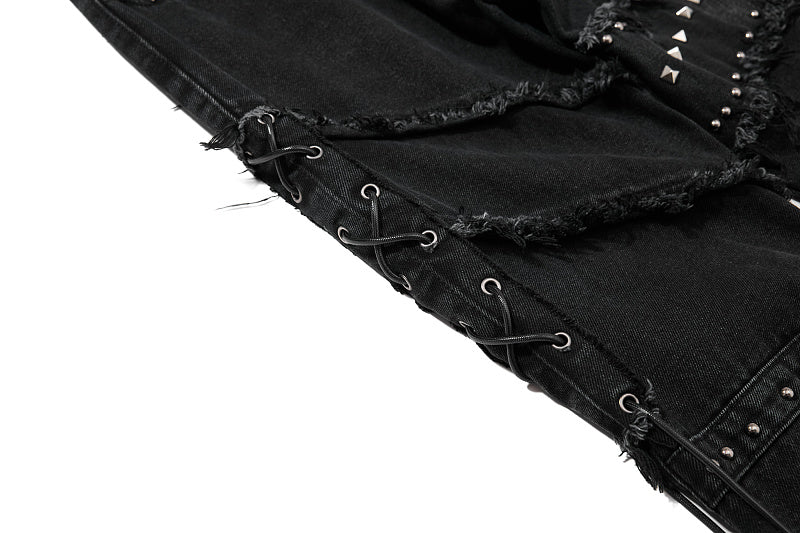 Yiaknis Black Flared Jeans with Studs and Lace-Up Panels