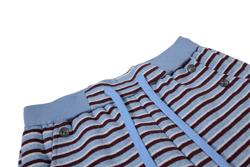 Yiaknis Wide-Leg Striped Sweatpants, Wing Print, Blue and Beige Stripes