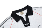 Yiaknis Men's Black and White V-Neck Polo Shirt, Script and Flag Print – photo 11