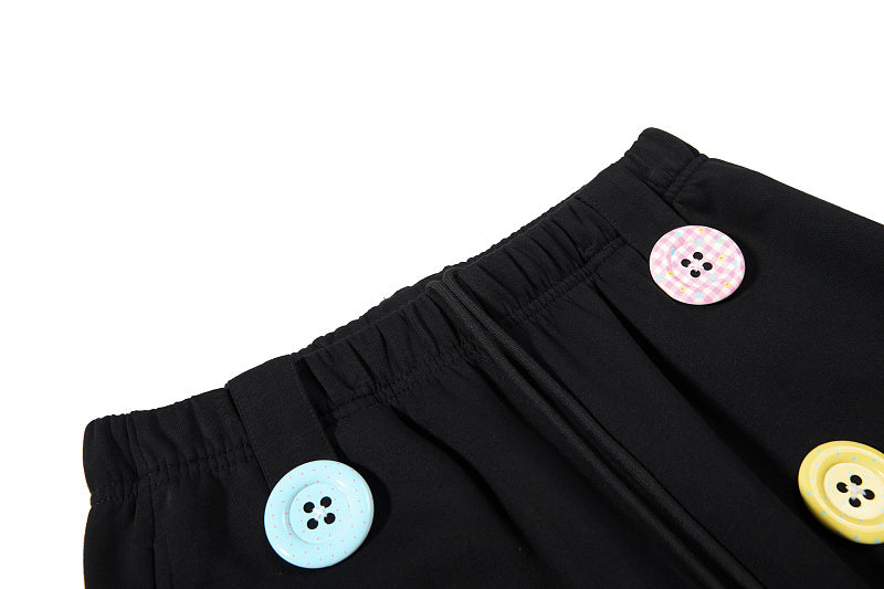 Yiaknis Wide-Leg Sweatpants, Colourful Buttons, Black and Light Grey