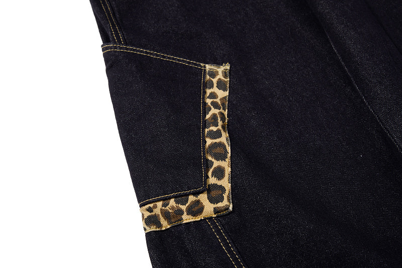 Yiaknis Denim Overalls with Leopard Print Pocket Trim - Dark Denim
