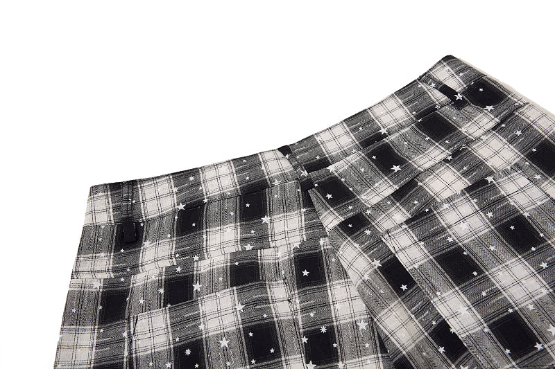Yiaknis Black and White Plaid Wide-Leg Cropped Trousers, Star Print