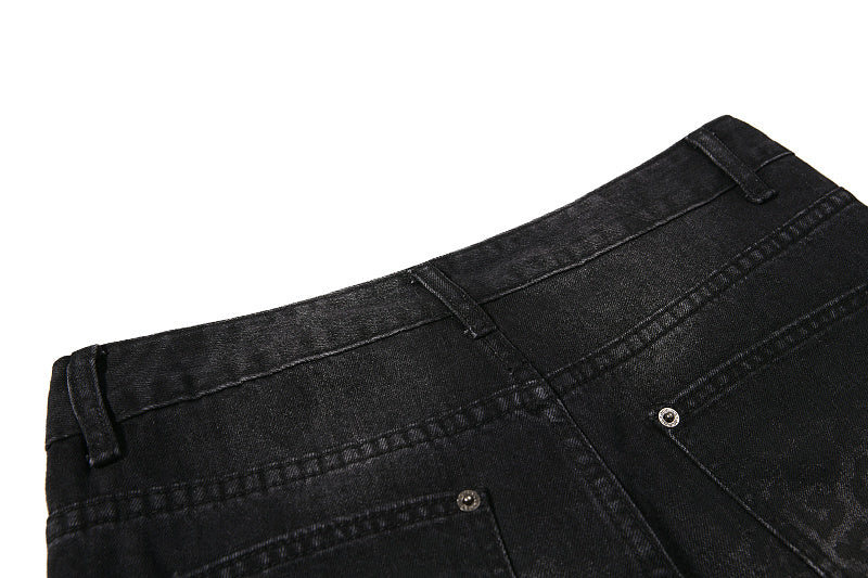 Yiaknis Black Washed Flared Jeans with Leopard Pattern, Black