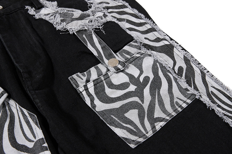 Yiaknis Black Flared Trousers with Zebra-Print Panels, Black