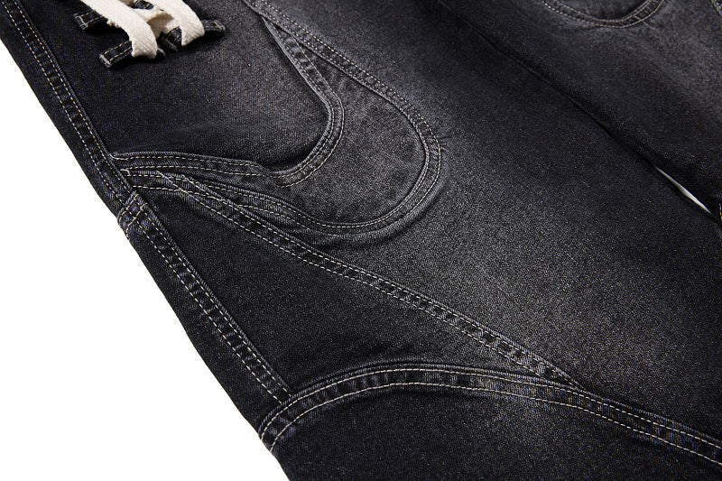 Yiaknis Black Washed Curved-Leg Jeans with Lace-Up Sides, Black