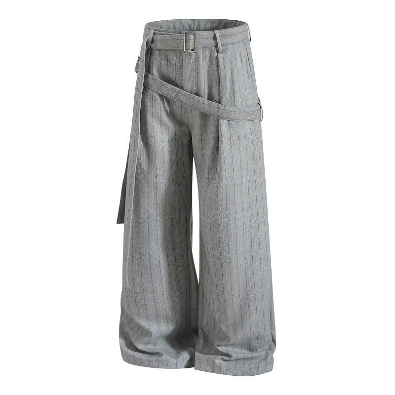 Yiaknis Black and Light Grey Pinstripe Wide-Leg Trousers, Belt Strap