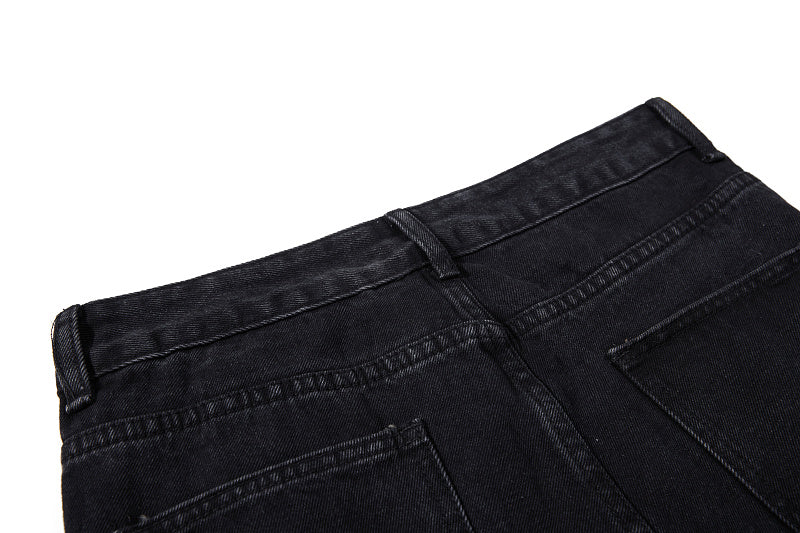 Yiaknis Black Washed Flared Jeans with Button Side Straps, Black
