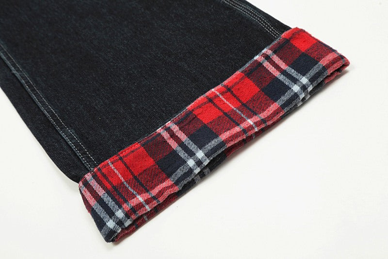 Yiaknis Dark Denim Overalls with Red Plaid Pockets and Cuffs
