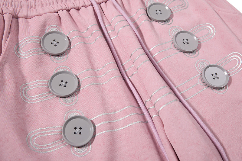 Yiaknis Wide-Leg Sweatpants with Button and Line Print, Pink and Blue