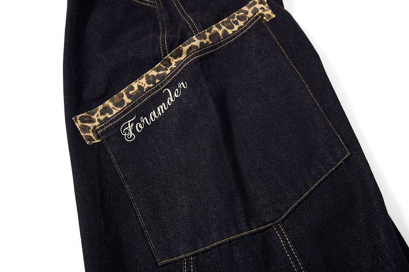 Yiaknis Denim Overalls with Leopard Print Pocket Trim - Dark Denim