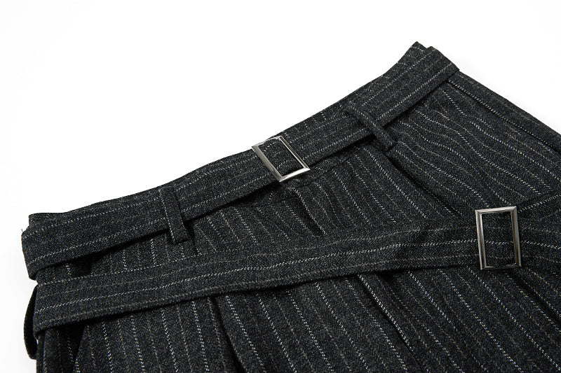 Yiaknis Black and Light Grey Pinstripe Wide-Leg Trousers, Belt Strap