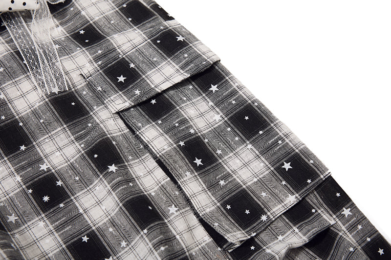 Yiaknis Black and White Plaid Wide-Leg Cropped Trousers, Star Print