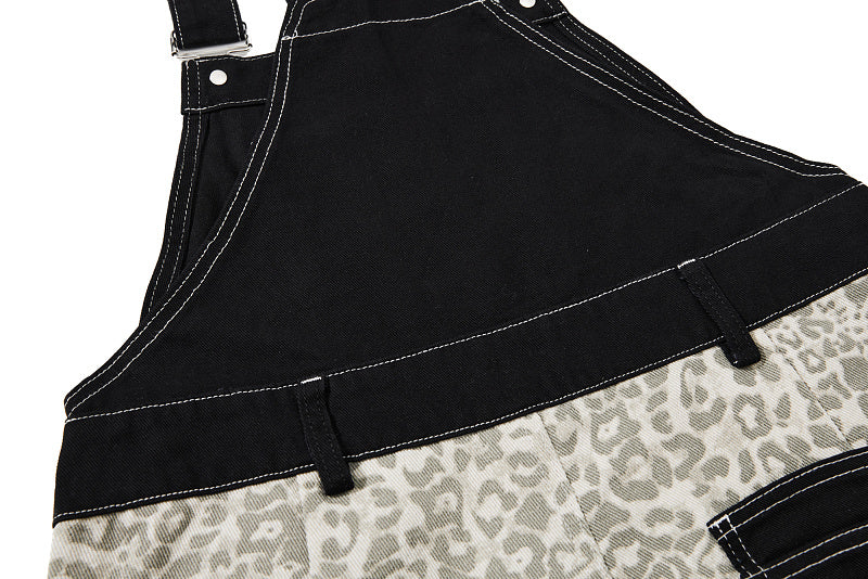 Yiaknis Leopard Print Overalls with Black Bib and Adjustable Straps