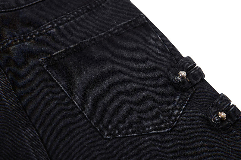 Yiaknis Black Washed Flared Jeans with Button Side Straps, Black
