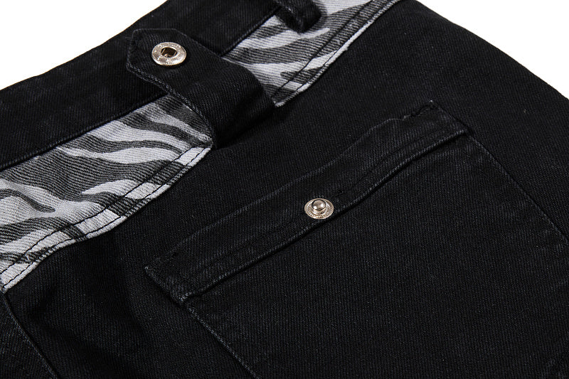 Yiaknis Black Flared Trousers with Zebra-Print Panels, Black