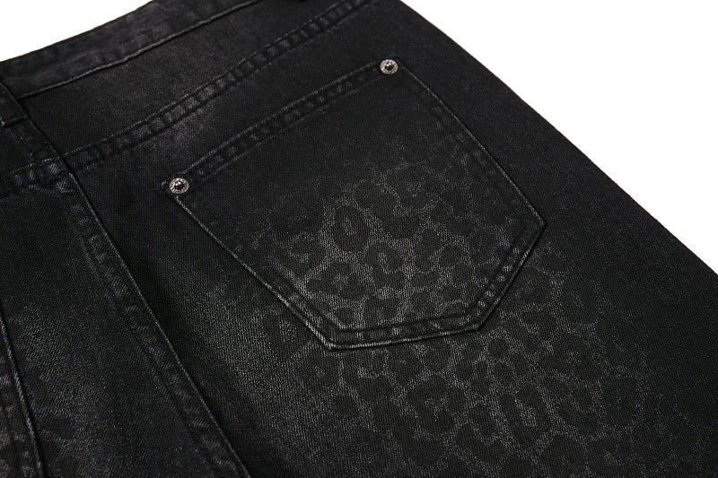 Yiaknis Black Washed Flared Jeans with Leopard Pattern, Black