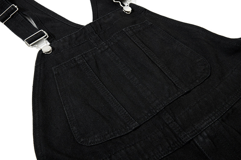 Yiaknis Wide-Leg Denim Overalls, Bib and Cargo Pockets, Dark Blue and Black – photo 13
