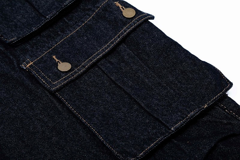 Yiaknis Dark Denim Cargo Overalls with Multiple Pockets - Wide Leg