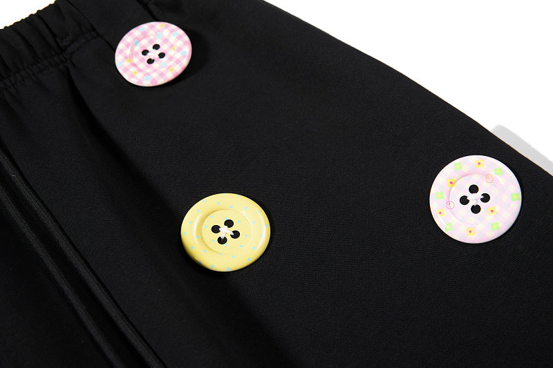 Yiaknis Wide-Leg Sweatpants, Colourful Buttons, Black and Light Grey