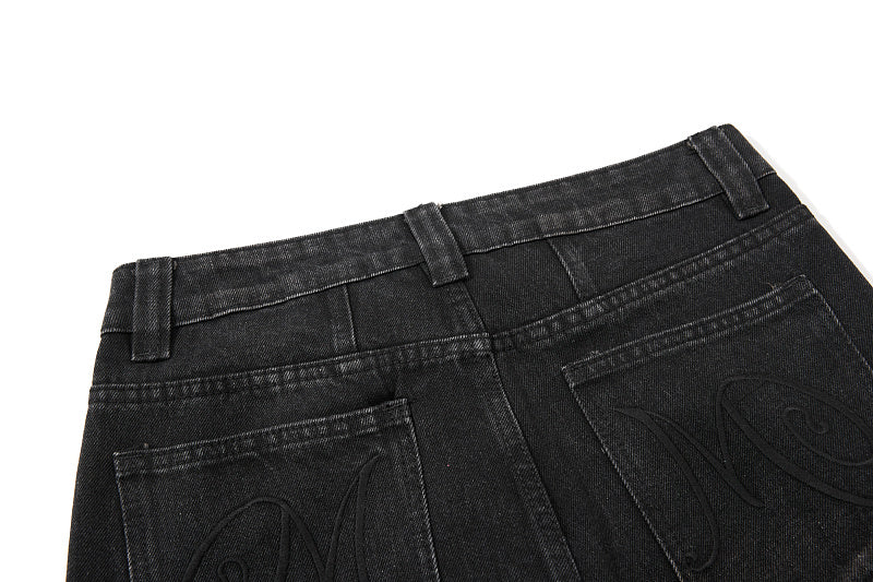 Yiaknis Black Washed Flared Jeans with Lace-Up Legs