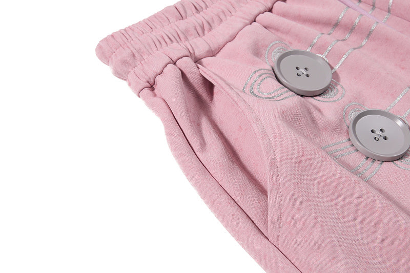 Yiaknis Wide-Leg Sweatpants with Button and Line Print, Pink and Blue