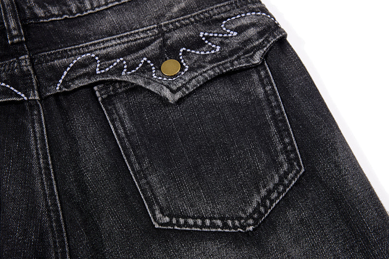 Yiaknis Black Flared Jeans with Gold Leg Embroidery