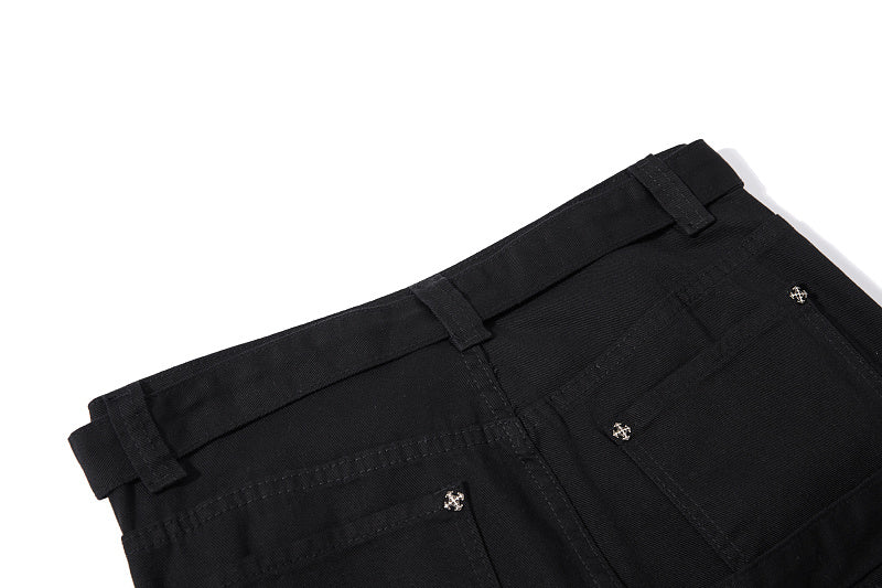 Yiaknis Black Flared Jeans with Buckle Leg Straps