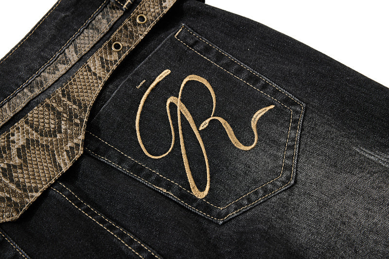 Yiaknis Black Washed Flared Jeans with Snake-Print Belt