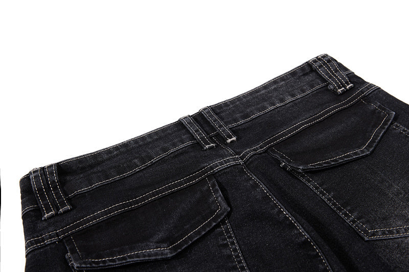Yiaknis Black Washed Curved-Leg Jeans with Lace-Up Sides, Black
