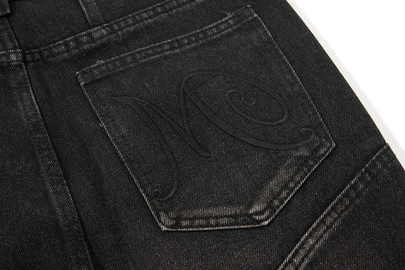 Yiaknis Black Washed Flared Jeans with Lace-Up Legs