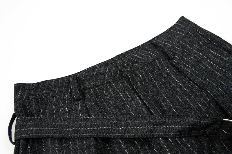 Yiaknis Black and Light Grey Pinstripe Wide-Leg Trousers, Belt Strap