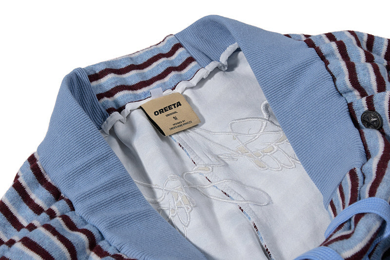 Yiaknis Wide-Leg Striped Sweatpants, Wing Print, Blue and Beige Stripes