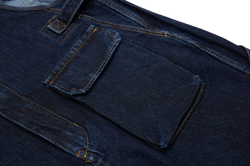Yiaknis Dark Blue Denim Overalls with Zip and Cargo Pockets