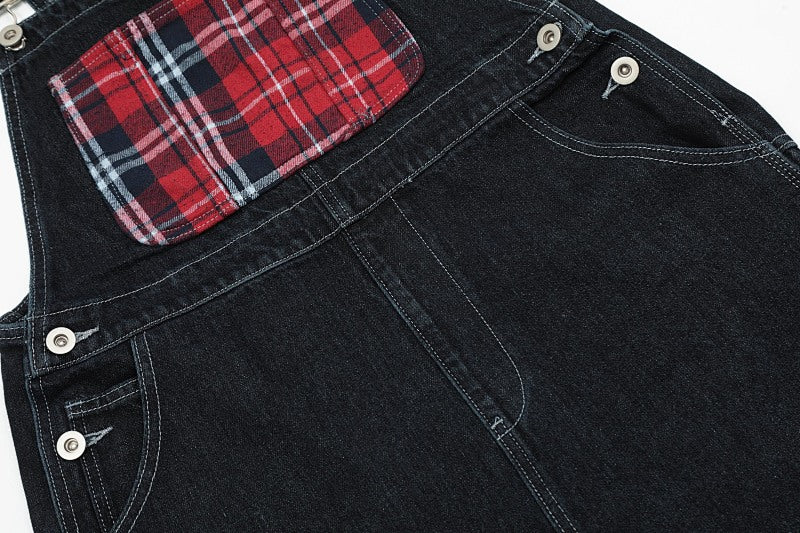 Yiaknis Dark Denim Overalls with Red Plaid Pockets and Cuffs