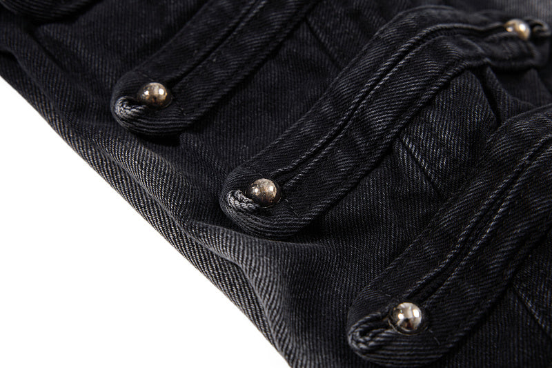 Yiaknis Black Washed Flared Jeans with Button Side Straps, Black