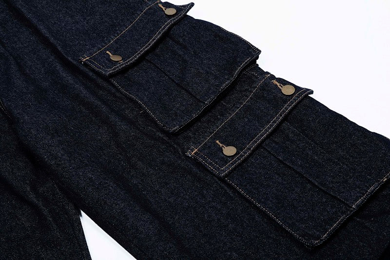 Yiaknis Dark Denim Cargo Overalls with Multiple Pockets - Wide Leg