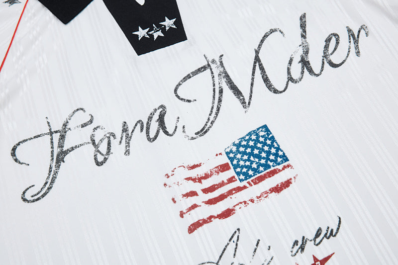 Yiaknis Men's Black and White V-Neck Polo Shirt, Script and Flag Print – photo 15