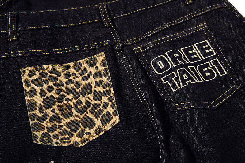 Yiaknis Denim Overalls with Leopard Print Pocket Trim - Dark Denim