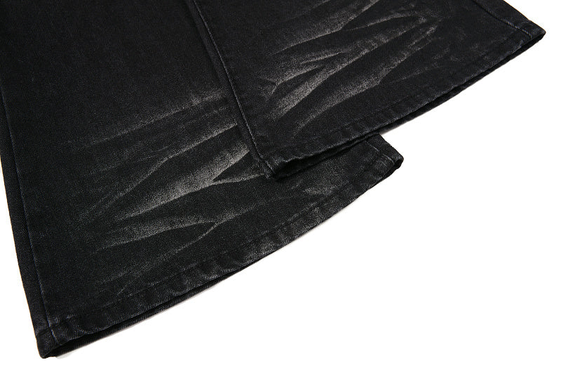 Yiaknis Black Washed Flared Jeans with Leopard Pattern, Black
