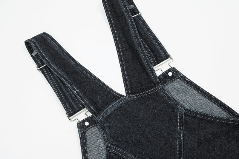 Yiaknis Dark Denim Overalls with Red Plaid Pockets and Cuffs