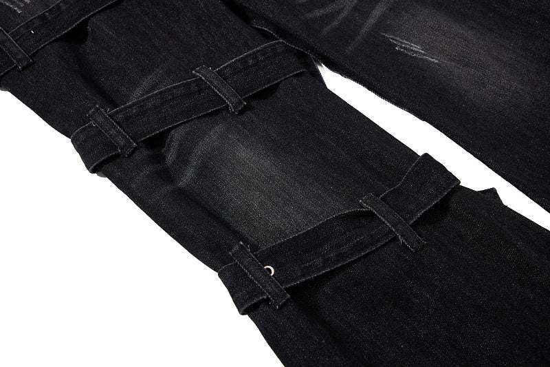 Yiaknis Black Washed Flared Jeans with Buckle Straps