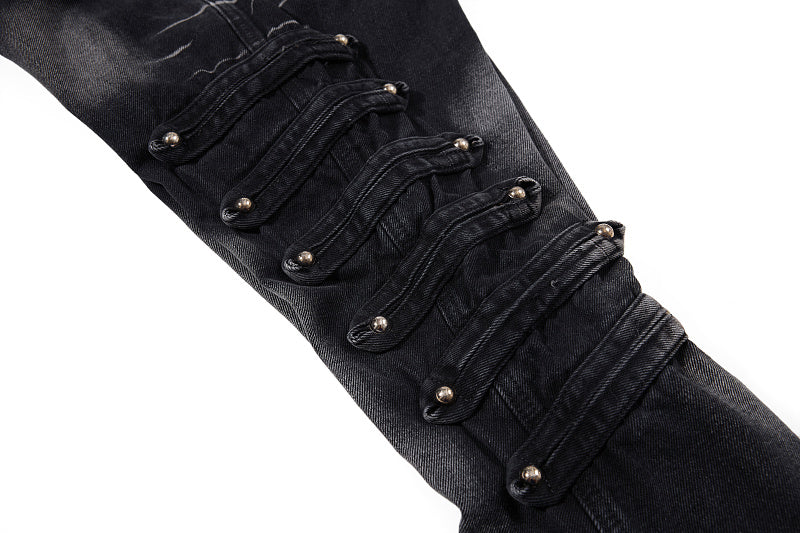 Yiaknis Black Washed Flared Jeans with Button Side Straps, Black