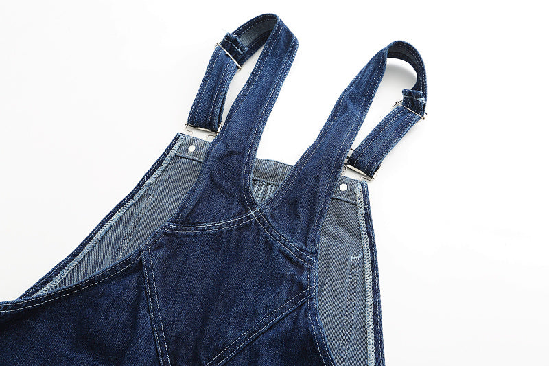 Yiaknis Wide-Leg Denim Overalls, Adjustable Straps, Blue and Black